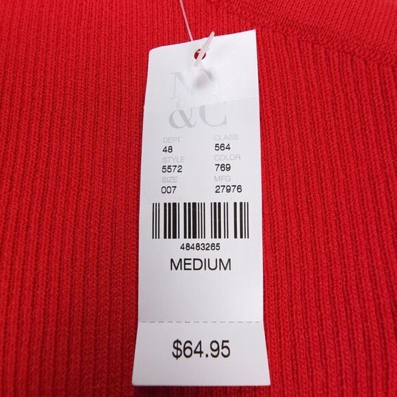 NWT NY&CO One Shoulder Asymmetric Ribbed Knit Puff Sleeve Top Medium Resort Red - Picture 2 of 7